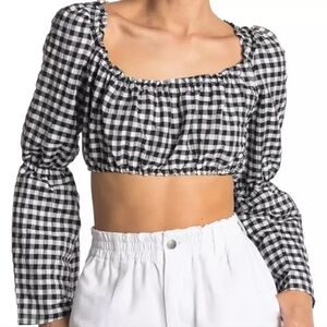 Topshop NWT Black White Gingham Crop Top Long Flowy Sleeves Size 6 Petite Summer